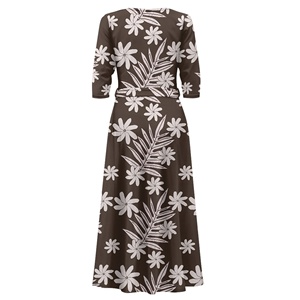 Robes maxi à imprimé floral pour femmes, motif hawaïen marron, été, avec poches, décontractées, manches <span class=keywords><strong>3</strong></span>/<span class=keywords><strong>4</strong></span>, col en V, ceinture à nouer, <span class=keywords><strong>robe</strong></span> <span class=keywords><strong>longue</strong></span> - Product Image 4