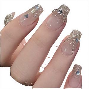 Ongles à presser en acrylique à couverture complète, design carré, avec paillettes <span class=keywords><strong>argent</strong></span>ées, papillons 3D, perles et strass, réutilisables, 24 pièces pour doigts - Product Image 1