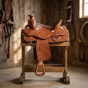 Selle de course de luxe en cuir de buffle véritable, fabriquée à la main en Inde, style anglais, durable, avec arbre en bois, modèle NA81 de BS International - Product Image 1
