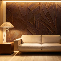 Panneau mural en bois sculpté en 3D avec motif de feuilles de fleurs et texture de grain naturel pour la décoration du salon et de la chambre
