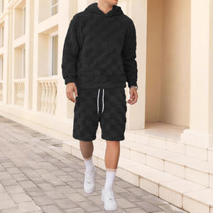 Conjunto Casual de Dos Piezas para Hombre, Talla Europea, Otoño/Invierno, Nuevo, Exportación, Corte Ajustado, Cuello Alto, Manga Larga, Pantalones Cortos a Cuadros, con Peluche, Poliéster - Product Image 1