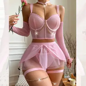 2024 Nieuwe Hete Sexy Lingerie Vrouwen Gaas Rok 4-delige Lingerie Set Mdn3040 Kant Dunne Sexy Kleding Gebreide Sekskleding Benodigdheden