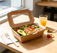 Wegwerp vetwerende biologisch afbreekbare kraftpapieren saladebox met transparant anti-condens venster voor salade, fruit, sandwich, pannenkoek