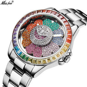 Montre de luxe pour homme en acier inoxydable, style Hip Hop, avec cadran rotatif floral, incrustée de diamants, couleur or - Product Image 6