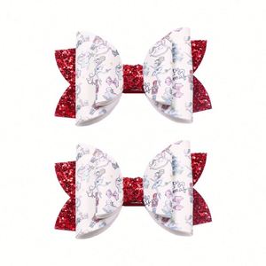 <b>Red</b> Children's All-in-One Fabric Hair Clip Christmas Glitter <b>Bow</b> Hairpin Little Girl's PU Leather Printed Cute Cartoon for Party - Product Image 5