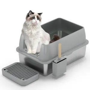 Semi Enclosed Portable High Sided With Extra Large Shovel Stainless Steel Cat Litter Box Tray Pet Toilet Furniture