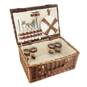 Groothandel Hoge Kwaliteit Handgemaakte Rieten Rotan Vintage Wilg Picknickmand Set Voor 2 Met Koeltas