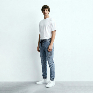 <span class=keywords><strong>Jeans</strong></span> da Uomo Slim Fit in Denim Effetto Acido Stile Moto Streetwear Vintage Blu con Elastico in Vita e Coulisse 2026 - Product Image 3