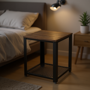 Table de chevet moderne en métal et bois avec étagère en maille, meubles de chambre à coucher - Product Image 2