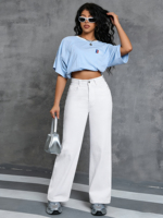 Jeans de mezclilla elásticos y cómodos de talla grande con control de abdomen, pierna ancha y estilo BBL para mujer, ideales para dropshipping.