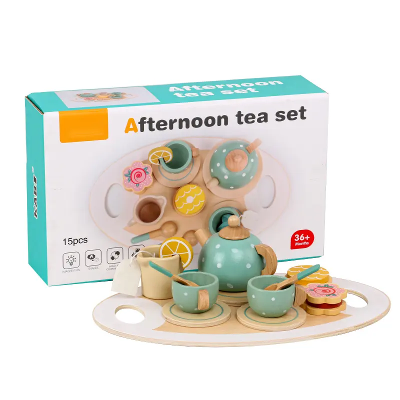 सिमुलेशन बच्चों के लिए दोपहर का मिठाई केक चायदानी कप चाय का सेट लकड़ी का रसोई नाटक खेलने के खिलौने बच्चों, लड़कों और लड़कियों के लिए सीपीसी सीई