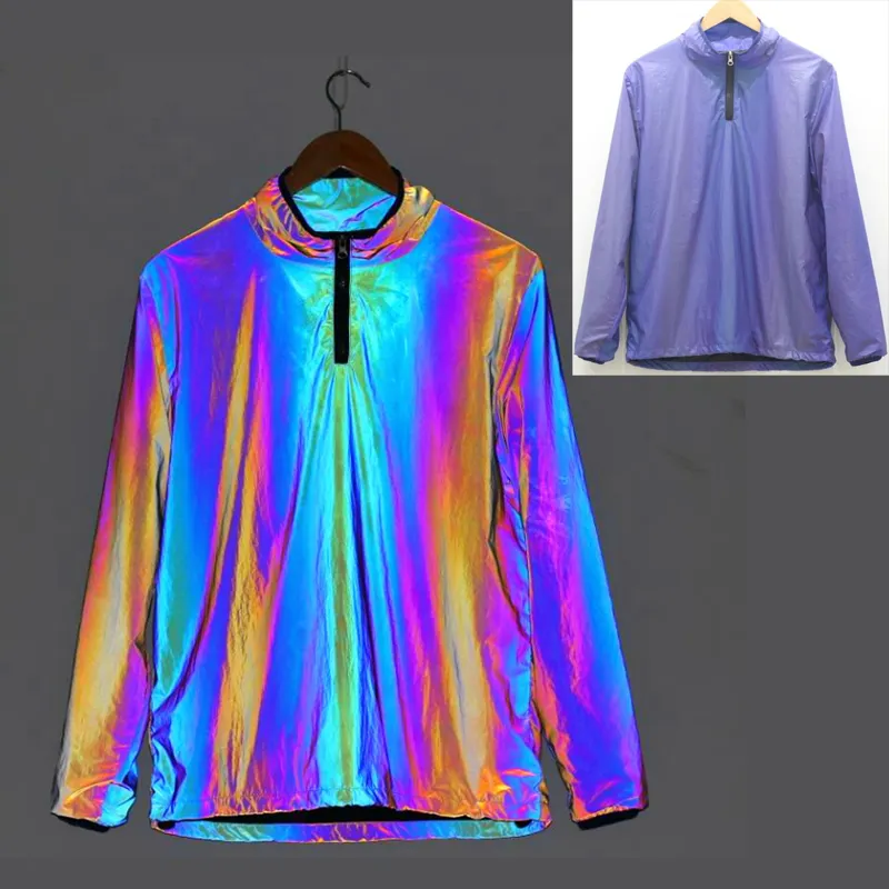 hi vis waterproof soft blue iridescent large size loose rain reflective jacket for night riding cycling sport safety security