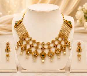 Classic 22K Solid Gold Antique Necklace and Earring <b>Set</b> with Zircon Freshwater Pearl <b>Beads</b> Geometric Design for Women Wedding - Product Image 2