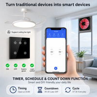 Ventilateur intelligent WiFi BLE personnalisable avec lumière, interrupteur 2-en-1, norme EU/UK, panneau en verre trempé 1 gang, compatible Tuya Alexa Google Home
