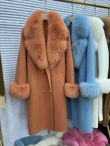 Abrigos largos de Cachemira con cinturón para mujer, puños con cuello de piel auténtica, abrigos de Cachemira de lana verde manzana de alta calidad para mujer - Product Image 5