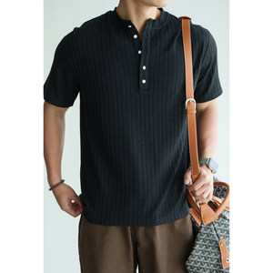 T-shirt Homme Col Henley Style <span class=keywords><strong>Old</strong></span> Money Été 2026 en Tissu Nuage Rayures Verticales Texturé Antibactérien Respirant - Product Image 4