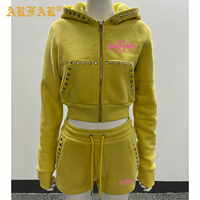 Ensemble de survêtement Y2K personnalisé pour femme : sweat à capuche zippé en molleton bouclette de luxe avec rivets et short de jogging