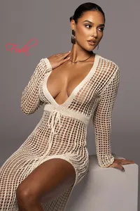 FUDA AB2812023 Clothing White Tunic Knit Women's Outer Cover Up Sexy Cutout Summer Long Sleeve Crochet Beach Dress