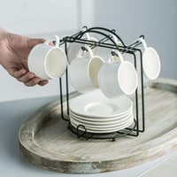 Ensemble de 6 tasses à espresso blanches de 4 oz avec soucoupes et support en métal pour cappuccino, café et thé