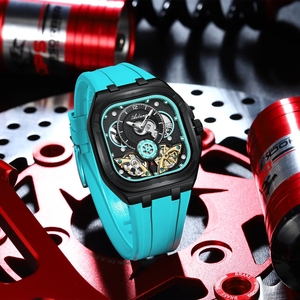 AILANG Montre mécanique pour homme, cadran analogique tourbillon, boîtier noir, bracelet en silicone bleu, mode luxe, boîtier polygone 43 mm - Product Image 5
