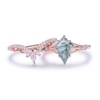 Bague en argent sterling 925 poli miroir avec agate mousse taille cerf-volant, ensemble de bijoux, pierre naturelle verte, bagues de fiançailles