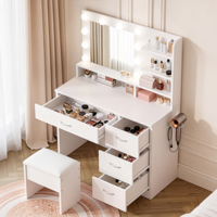 Coiffeuse et table de maquillage blanche moderne avec miroir LED style Hollywood et 4 tiroirs de rangement pour chambre à coucher