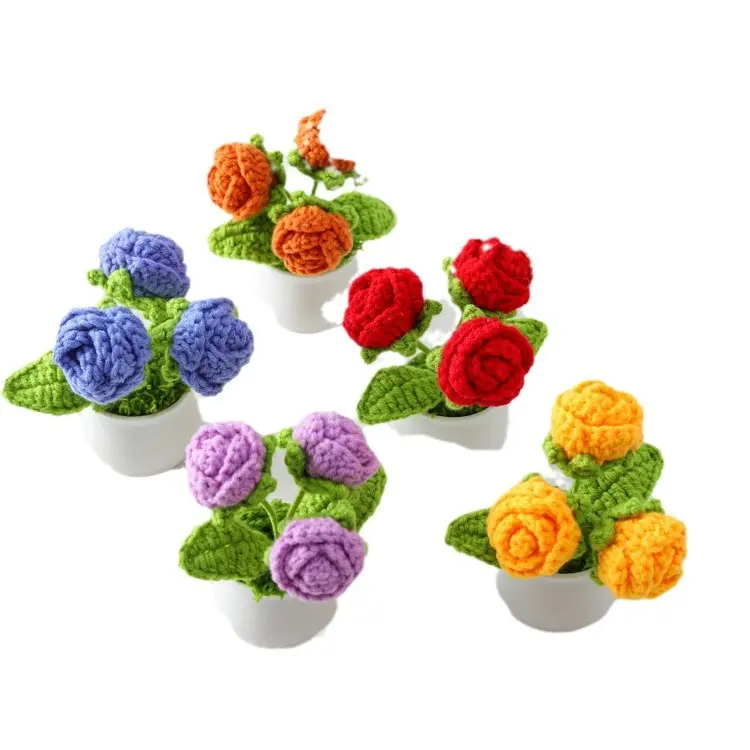 6 colors 3 head mini roses plants potted knitting DIY yarn finished product home decor holiday gift crochet artificial flower