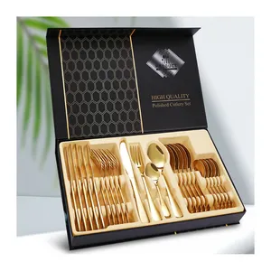 Top Seller Luxus 24 Stück Gold Besteck Besteck Set Löffel und Gabel Messer Set golden tragbare Edelstahl 24 Stück Besteck Set