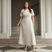 Robe midi élégante personnalisée grande taille à col en V et manches courtes pour femme, idéale pour les fêtes ou le quotidien, en tissu uni tissé, coupe moulante, service OEM
