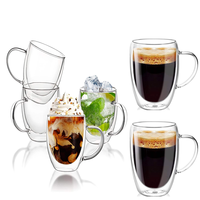 Mug Kopi Kaca Dinding Ganda 12oz 350ml Langsung dari Pabrik, untuk Espresso, Cappuccino, Latte, Teh, dengan Gagang