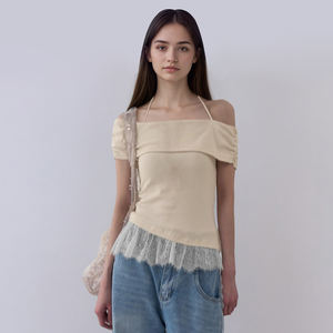 Top estilo americano con cuello halter y hombros descubiertos para mujer, camiseta sexy de verano con encaje y manga corta, corte ajustado - Product Image 2