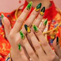 Offre Spéciale Nouveaux Ongles Acryliques à Presser en Forme d'Amande, Dégradé Vert Jade Chinois, Pivoine Dorée 3D et Feuille d'Or, Vente en Gros Personnalisable