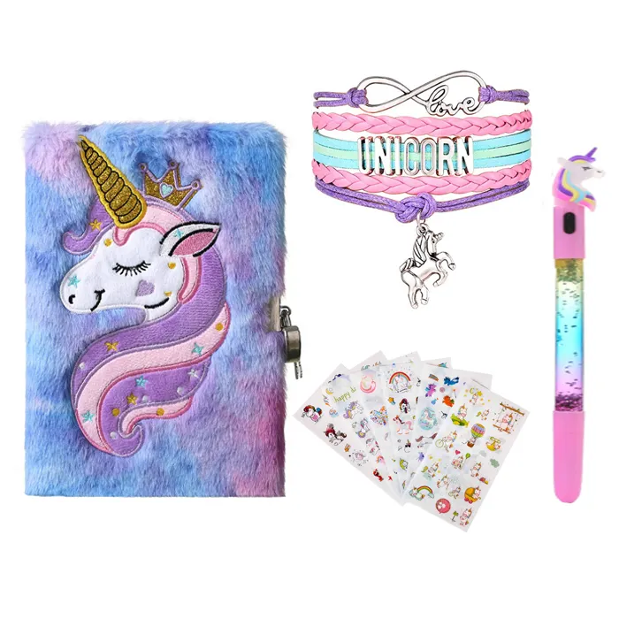 Ensemble de cahier licorne en peluche-Journal magique pour filles, Journal intime, broderie d'école, bloc-notes lumineux, stylo Gel, autocollants, Bracelets