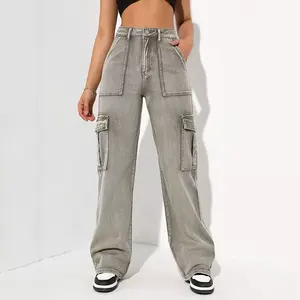 Custom Ladies Side Pocket Jeans Office Trousers Wide Leg Cargo Denim Pants For Women