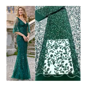 Baru datang kain Tulle Afrika hijau renda payet bordir Nigeria kain renda untuk gaun pernikahan