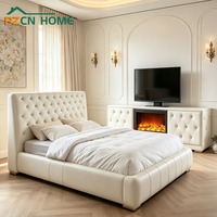 Ensemble de chambre à coucher en cuir blanc de qualité supérieure, cadre de lit capitonné en diamant avec meuble TV intégré pour maison moderne de luxe, hôtel, villa