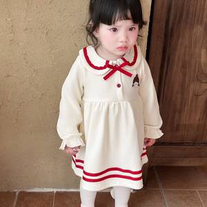 Child Star Circle Spring Retro School Style Baby Girl Dress With <b>Bow</b> Full Sleeve White <b>Red</b> Trim Flower Girl Dress - Product Image 3