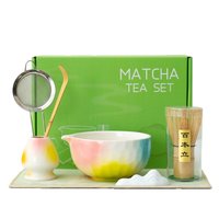 Ensemble de matcha japonais-Bol en céramique complet avec bec verseur et dessous de verre, fouet, cuillère, tamis et brosse pour une cérémonie authentique du thé