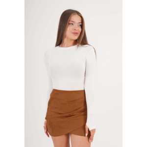 Jupe mini asymétrique drapée taille haute en suède pour femme, en similicuir souple couleur tan - Product Image 3