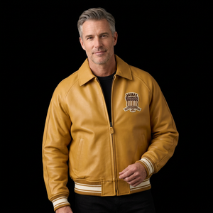 Avirex <b>Men's</b> Tan Cow <b>Leather</b> Waterproof <b>Bomber</b> Jacket Zipper Front Patch Design Crew Neck Regular Fit Winter Wear High Street - Product Image 4