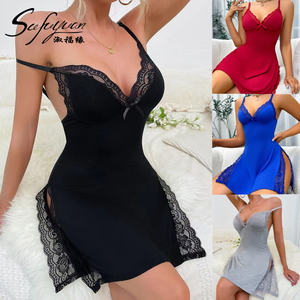 SFY3062 Pijamas personalizados de fábrica Vestido de noche Halter más vendido Ropa interior sexy Vestido de dormir de mujer con abertura de encaje - Product Image 1