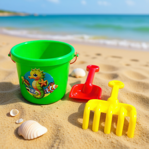 <b>Plastic</b> Kids Beach Bucket Set with Rake and Shovel for Outdoor Sand Play in <b>Mesh</b> Bag - Product Image 2