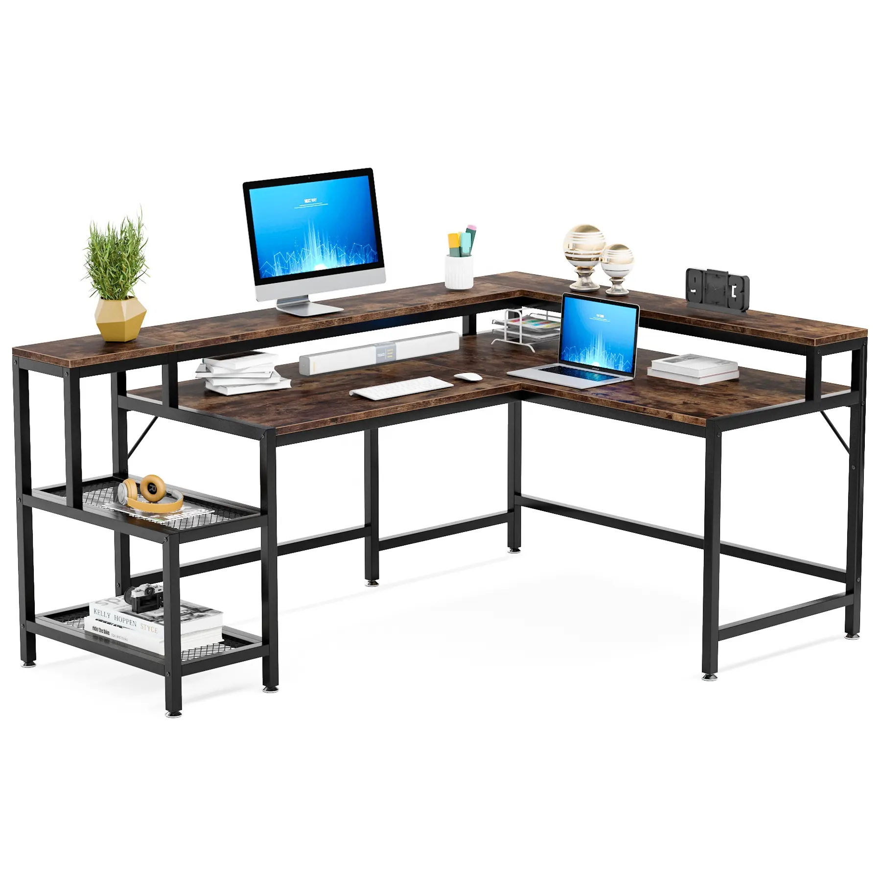 Tribesigns Extra Large L shaped with Monitor Hutch Industrial Corner Computer Desks Working Table Home Office Writing Desks