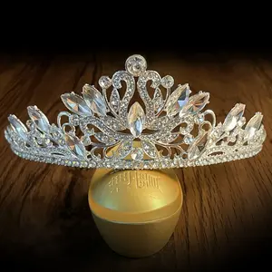 Diadema de corona completa barroca HY, tocado nupcial, cuerpo de hoja hecho a mano, accesorios de boda de doble capa