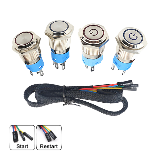PC DIY Power Switch Metal Reset Power Button (12/16/19/22mm) with 60cm Motherboard Cable for Computer Case Mods & Arcade Builds