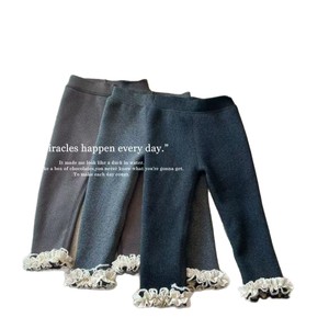 Tongxingyuan Girls Flared <b>Pants</b> Lace Trim Fleece <b>Lined</b> Winter Knitted Cotton Solid Color Long <b>Pants</b> For Children - Product Image 5