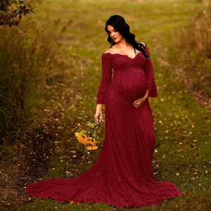 Châu Âu và mỹ của phụ nữ V cổ sừng ren siêu dài trailing phụ nữ mang thai chảy váy nhiếp ảnh Ăn mặc - Product Image 2