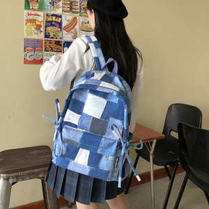 Denim <b>Backpack</b> For Female <b>Students</b> School Education Checkered Pattern Shoulder Strap Interior Zipper Pocket Summer 2024 - Product Image 2