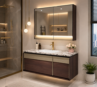 Set Meja Rias Kamar Mandi Modern Siap Kirim 80/90/100cm Kabinet Kayu Lapis Top Marmer Asli Cermin LED Pintar Terpasang di Dinding Garansi 5 Tahun