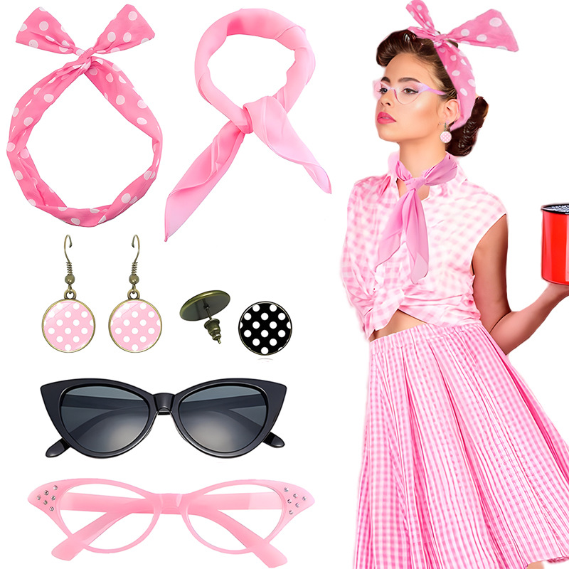 Amakando Rockabilly kostuumset polka dots vintage accessoires 4-delig jaren 50 bril ketting doek oorbellen 60s set carnavalskostuums accessoires themafeest kostuum accessoires retro pin-up sieraden set